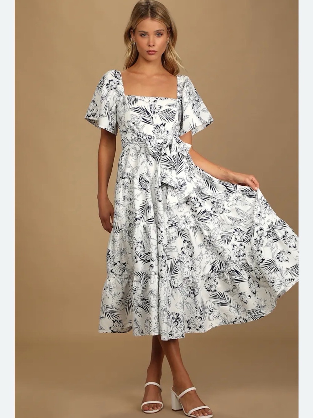 Lulu's Tropical Sunshine White Floral Print Tiered Midi Dress
